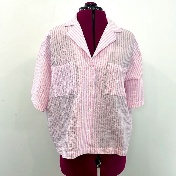 TopShop Seersucker PJ Shirt Pink Lightweight M Seersucker Short Sleeves Tees - Picture 2 of 11